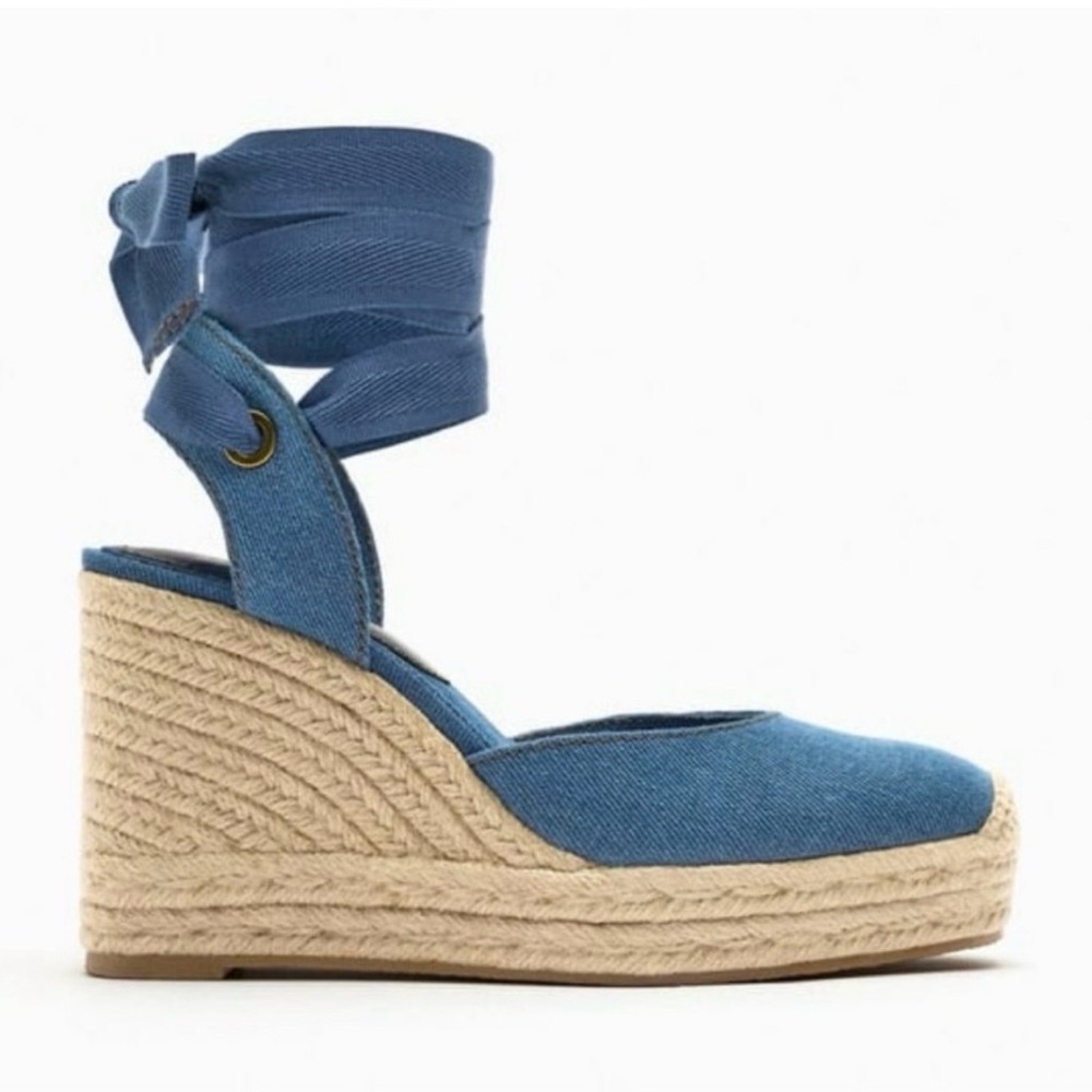 Zara NWOT Denim Espadrille Wedge Ankle-Tie Sandal EUR 35